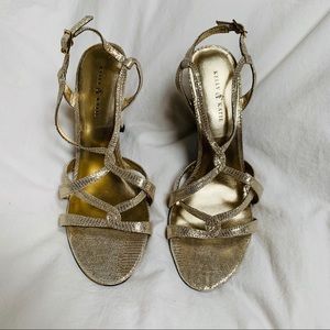 Kelly and Katie strappy Gold snake skin heels
